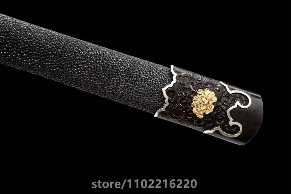 Premium Black Kungfu Battle Sword Damascus Steel Blade Sword Room Decoration Copper Gilded Fittings Wrap Real Rayskin Sheath