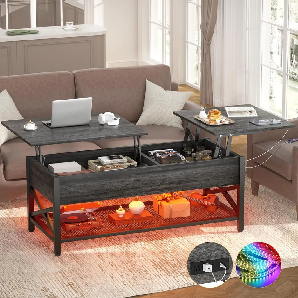 Lift Top Coffee Center Table with LED Light and Power Outlet, Modern Table with Storage Shelf for Living Room, Lift Tabletop, X