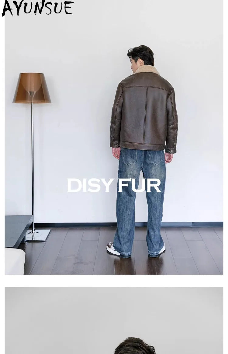 AYUNSUE Natural Sheepskin Fur Coat Men Autumn Winter New Short Real Wool Man Vintage Leather Jacket Motorcycle Fur Coats Jackets
