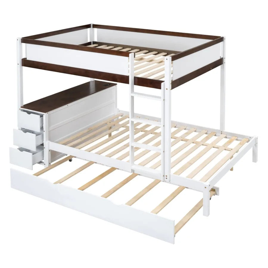 Full-Over-Full Bunk Bed with Twin size Trundle Storage and Desk White+Walnut