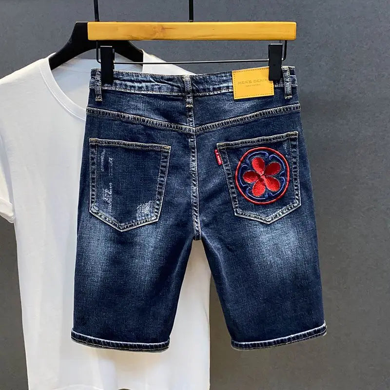 Men's Jeans Summer Dragon Embroidery Denim Shorts Fashion Street Styles Slim Fit Half Length Jean