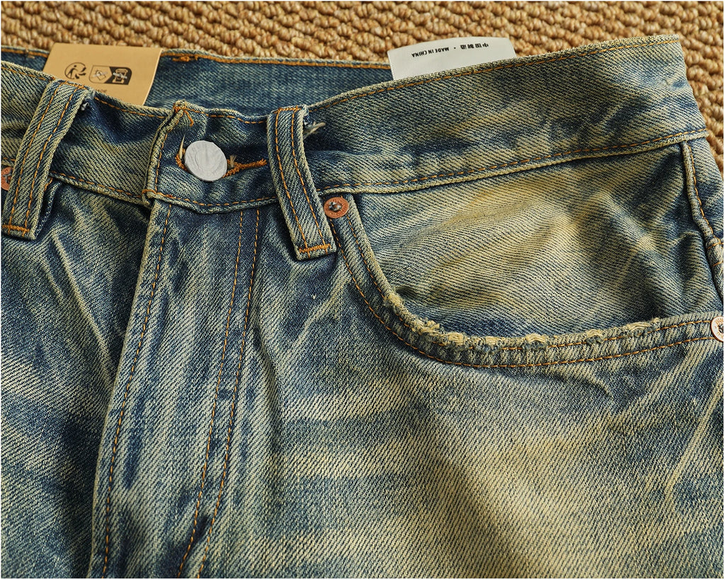 2025 Autumn New American Retro Heavyweight Ripped Denim Men's Fashion 100% Cotton Washed Old Straight Tapered Casual Jeans
