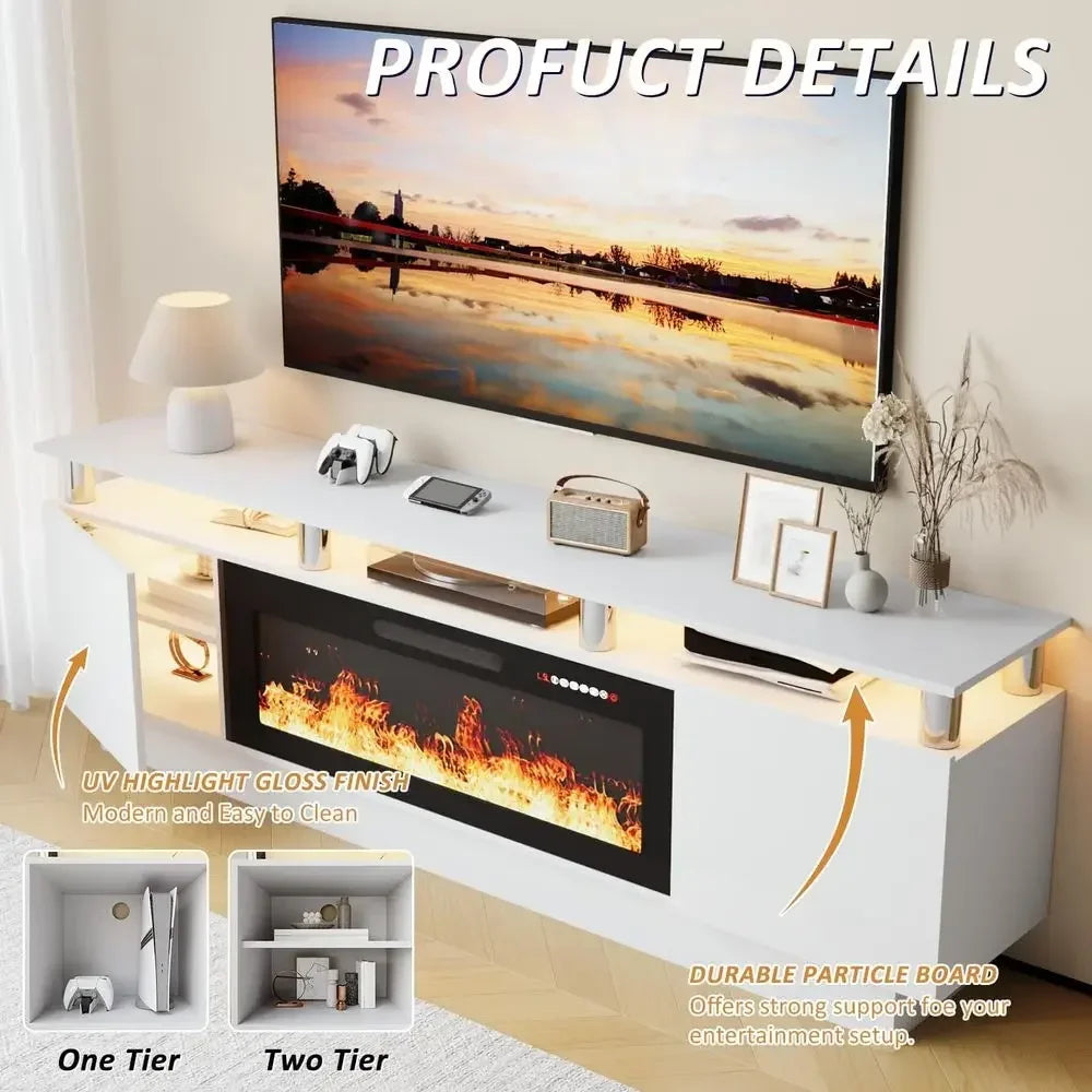 70-80 Inch TV Stand with 36 Electric Fireplace, Entertainment Center, LED Lights for Living Room