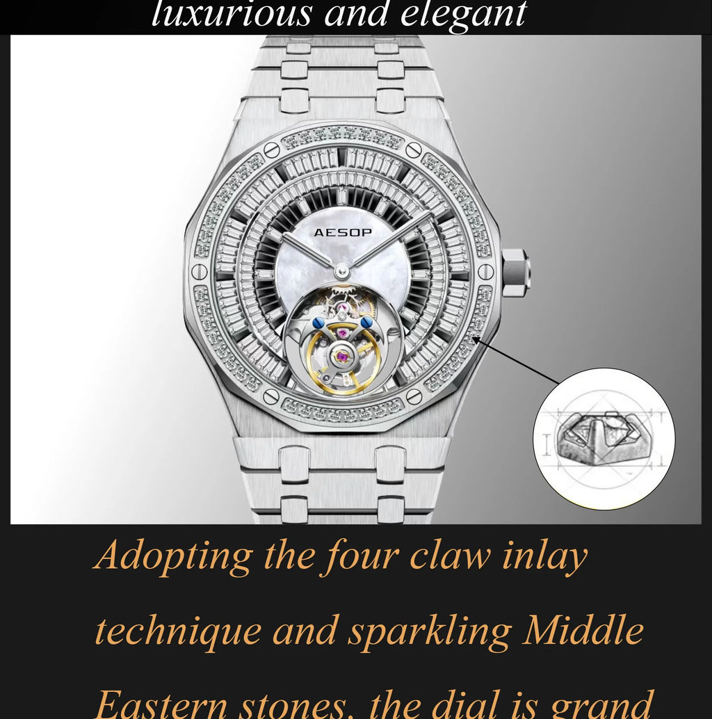 AESOP Automatic Tourbillon Mechanical Skeleton Watch For Man Watches Waterproof Wristwatches Sapphire Mirror Diamond luxury new