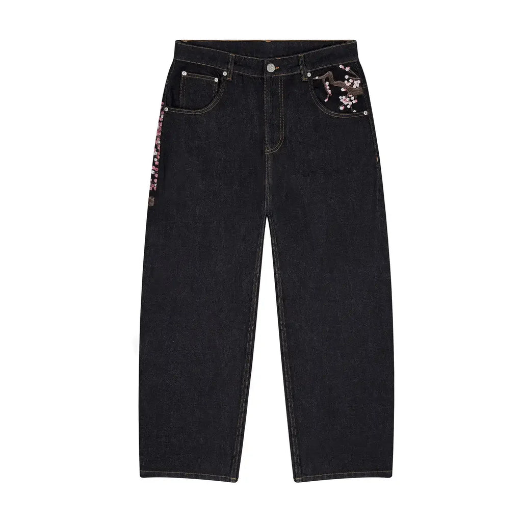 Fallen Knight Cherry Blossom Embroidery Denim Pants Y2k Vintage Women Baggy Straight Wide Leg Jeans Street Men Clothing Trousers