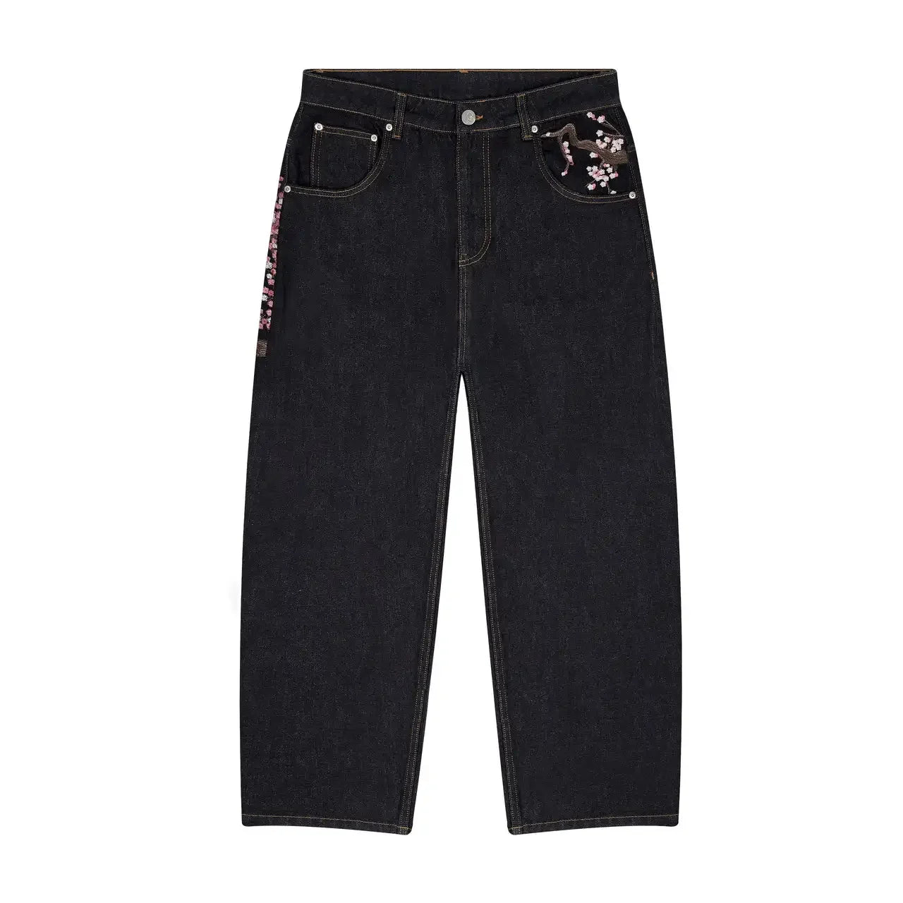 Fallen Knight Cherry Blossom Embroidery Denim Pants Y2k Vintage Women Baggy Straight Wide Leg Jeans Street Men Clothing Trousers