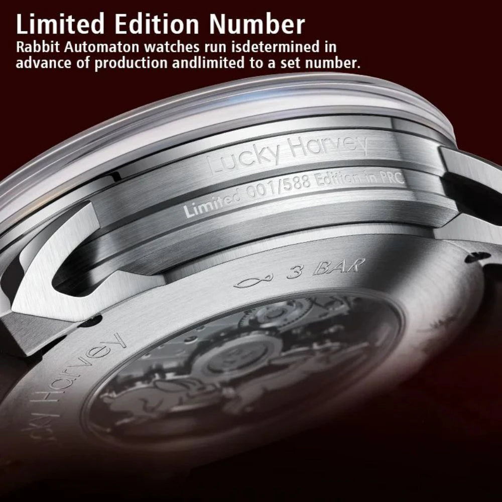 Lucky Harvey Limited Edition Automatic Mechanical Watches for Men Cute 3D Rabbit Dial Synthetic Sapphire Waterproof Wrist Watch