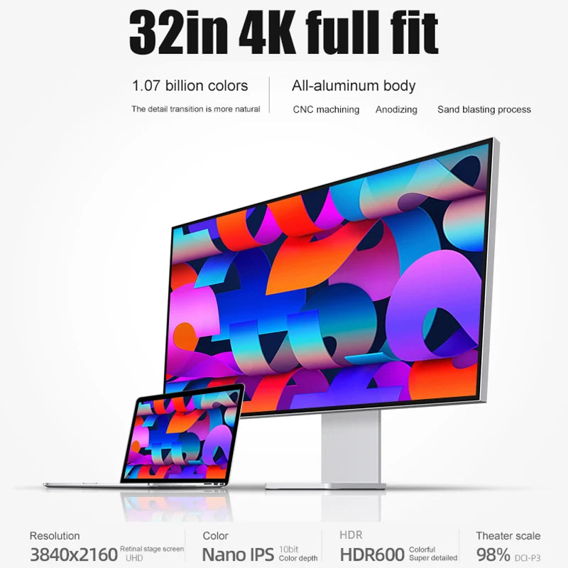32 Inch LED Monitor 4K 3840*2160 HDR10 Feature 60Hz USB-C FOR MAC 100W HDR10 139PPI matt screen Display kuycon P32UB hole style
