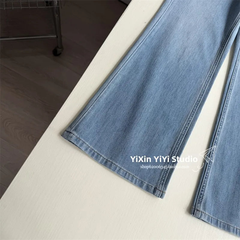 Summer Thin High Waist Slimming Bell Bottom Jeans Women's Fashion Korean Anime Leg Transformation Nine-Piece Micro Flared Denim