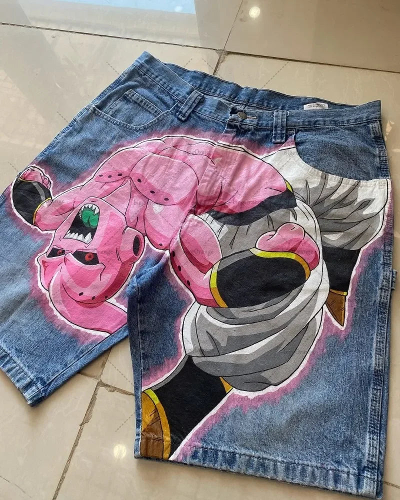 Retro American Trendy Streetwear Y2K Harajuku Anime Printed Denim Shorts Men Gothic Hip-hop Punk Loose Casual Straight Pants