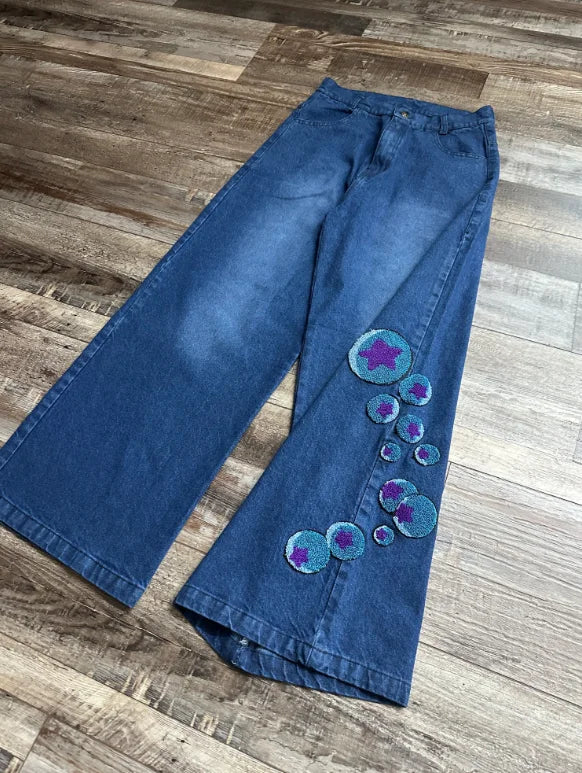 Women's Blue High Waisted Anime Embroidered Washed Jeans, Wide Leg Denim Pants, Street Wear Y2K Loose Pants