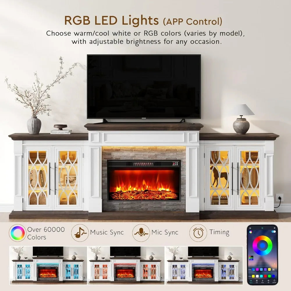 104" LED Fireplace TV Stand with Outlet for TVs Up to 100 Inch, Electric Fireplace with Mantel,with Storage,Entertainment Center