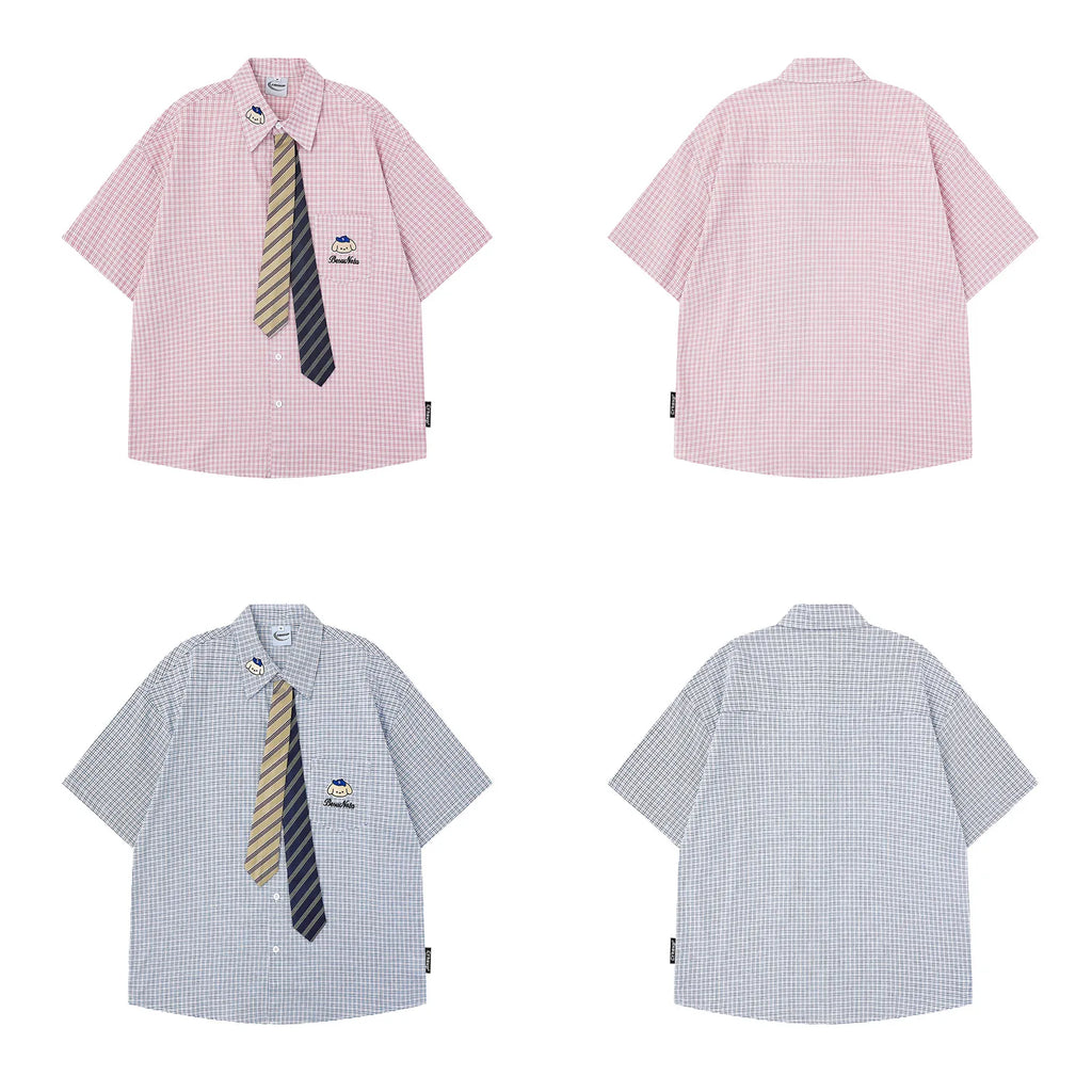 Retro Japanese Cartoon Dog Embroidery Plaid Double Collar Design Short Sleeve Cotton Shirt for Men And Women Couple Style Cas...
