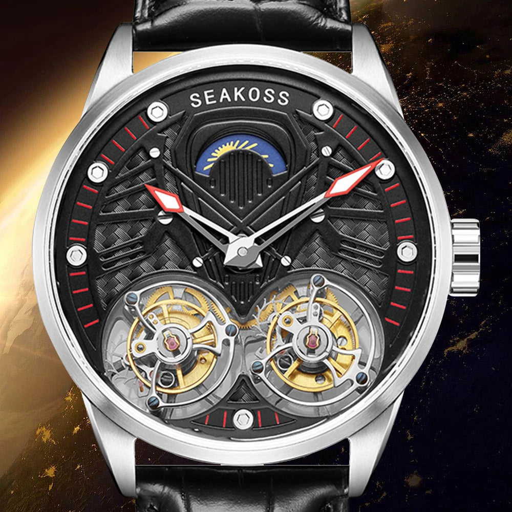 SEAKOSS Luxury Skeleton Men's Tourbillon Manual Mechanical Watches Double Tourbillon Luminous Hands Watch for Men Sapphire Glass