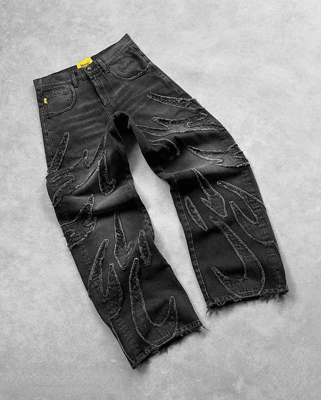 New Y2K Harajuku Retro Graphic Patch Jeans Hip Hop Gothic Raw Edge Embroidery Black Baggy Jeans Wide Leg Denim Pants Mens Womens
