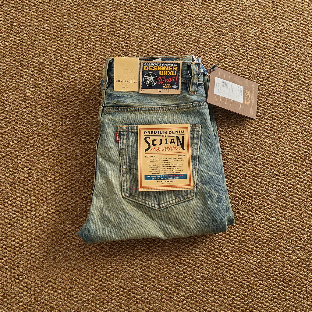 2025 Autumn New American Retro Heavyweight Ripped Denim Men's Fashion 100% Cotton Washed Old Straight Tapered Casual Jeans