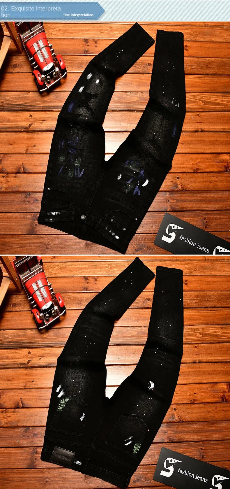 2025 Autumn American Fashion Black Jeans Men's Slim Fit Version with Piercing Patch Paint Printed Street Trendy Pants