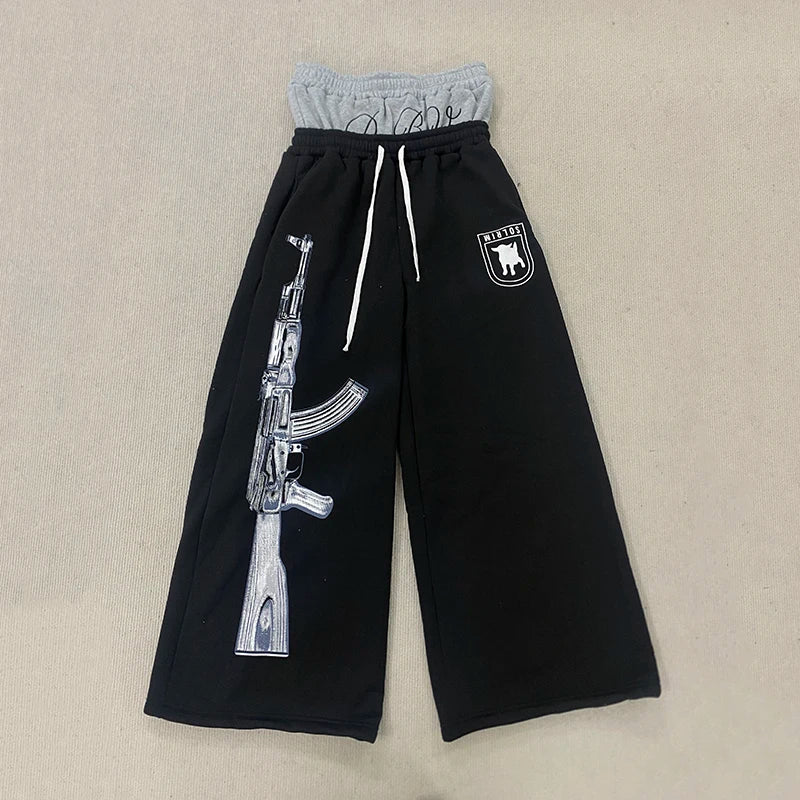 Y2K High-Waisted Printed Embroidered Street Guard Pants Spring Summer Casual Straight Leg Double Waist Design Fashionable