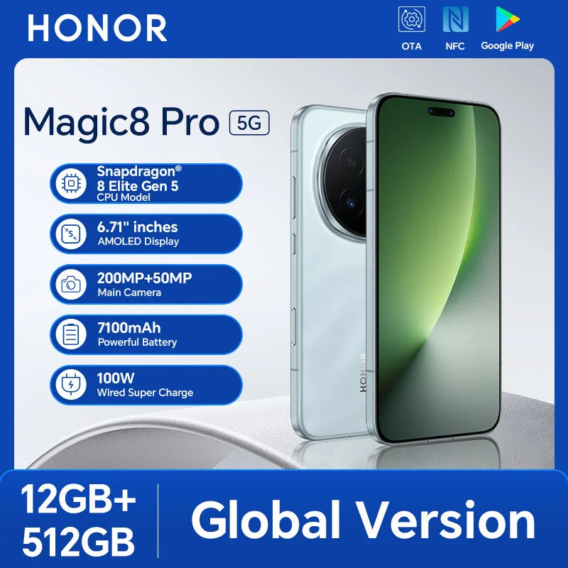 2026 New HONOR Magic8 Pro Global Version 12GB+512GB 6.71'' 120Hz OLED Screen 200MP Cameras 7100mAh 100W SuperCharge Android 16
