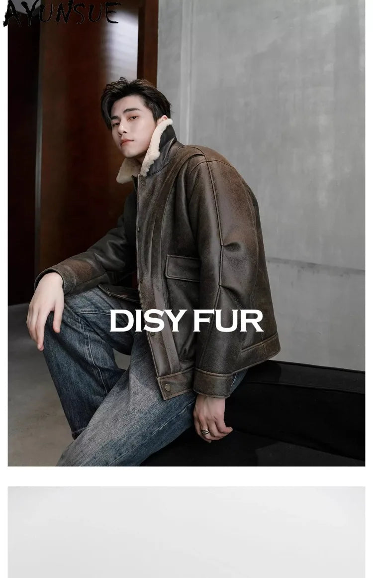 AYUNSUE Natural Sheepskin Fur Coat Men Autumn Winter New Short Real Wool Man Vintage Leather Jacket Motorcycle Fur Coats Jackets