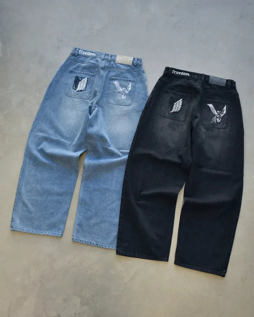 Y2K Japanese AOT Freedom Wings Embroidery Jeans Men Women Wide Leg High Waist Denim Pants Wings of Liberty Patch Blue Black Jean