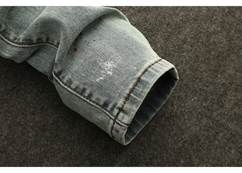 High Street Fashion Men Jeans Retro Washed Blue Stretch Slim Fit Ripped Jeans Men Painted Designer Vintage Denim Pencil Pants