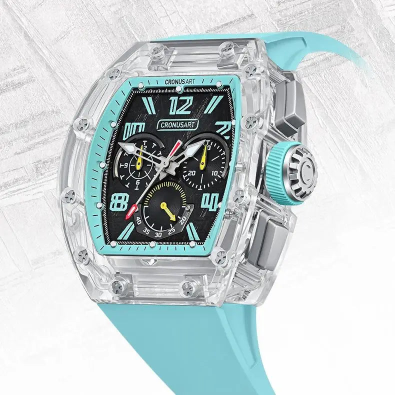 CRONUSART Men Automatic Watch 50mm Tonneau Chronograph Mechanical Wristwatch 5ATM Luminous Sapphire Case & Mirror Meteorite Dial