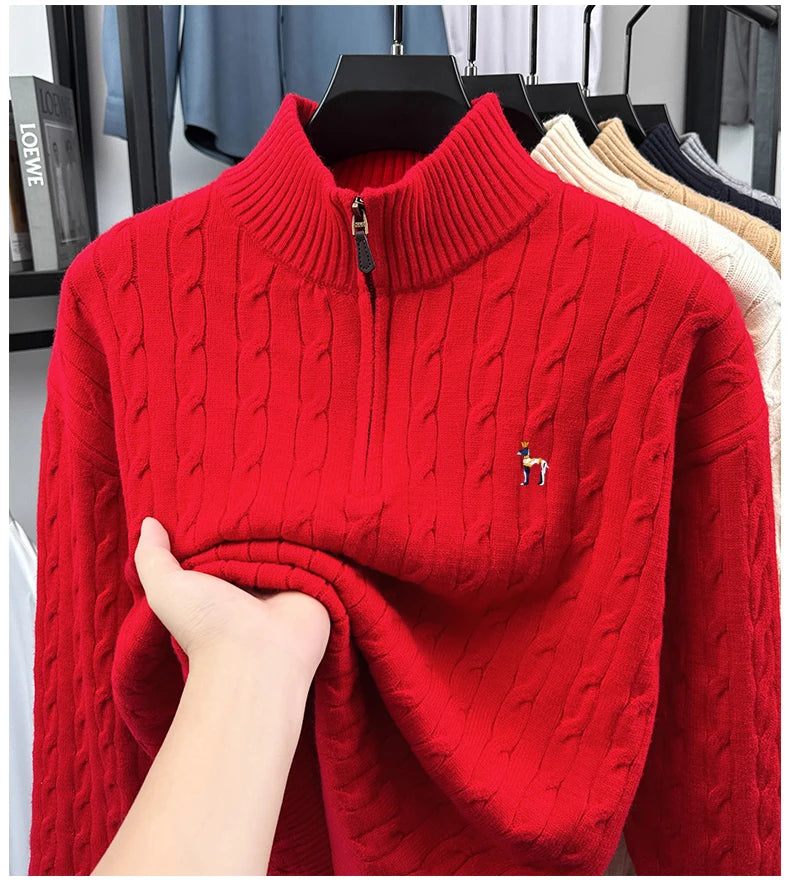 High end brand fashion jacquard sweater cartoon dog embroidery zipper semi high neck autumn winter warm men's knitted pullover