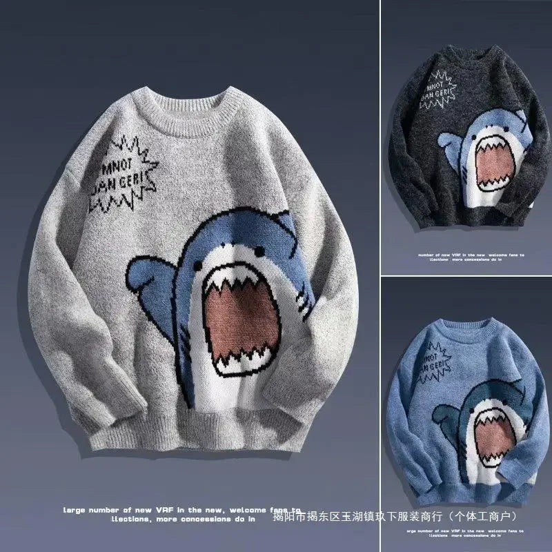 Autumn/Winter Japanese Cartoon Shark Round Neck Couple Sweater Men's Trendy Brand Loose-Fit Korean Knitted Top Hong Kong Style