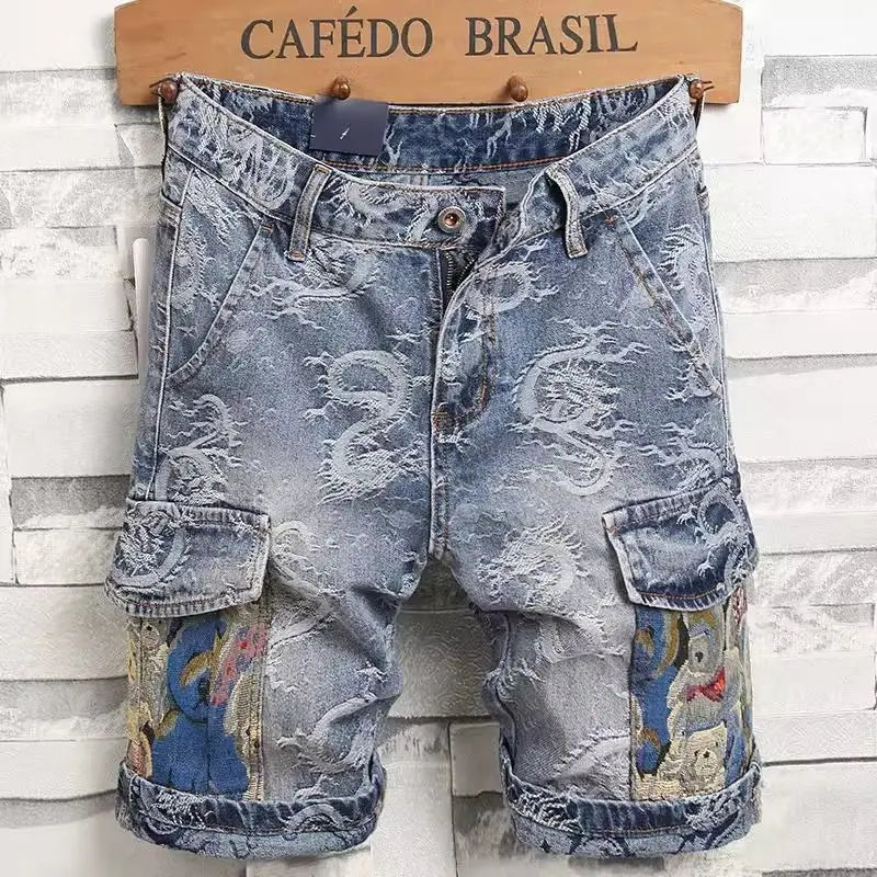Dragon Embroidered Pants Men's Denim Shorts Men's Summer Thin Overalls 2025 New Designer Five-point Jeans Y2k Clothes Man