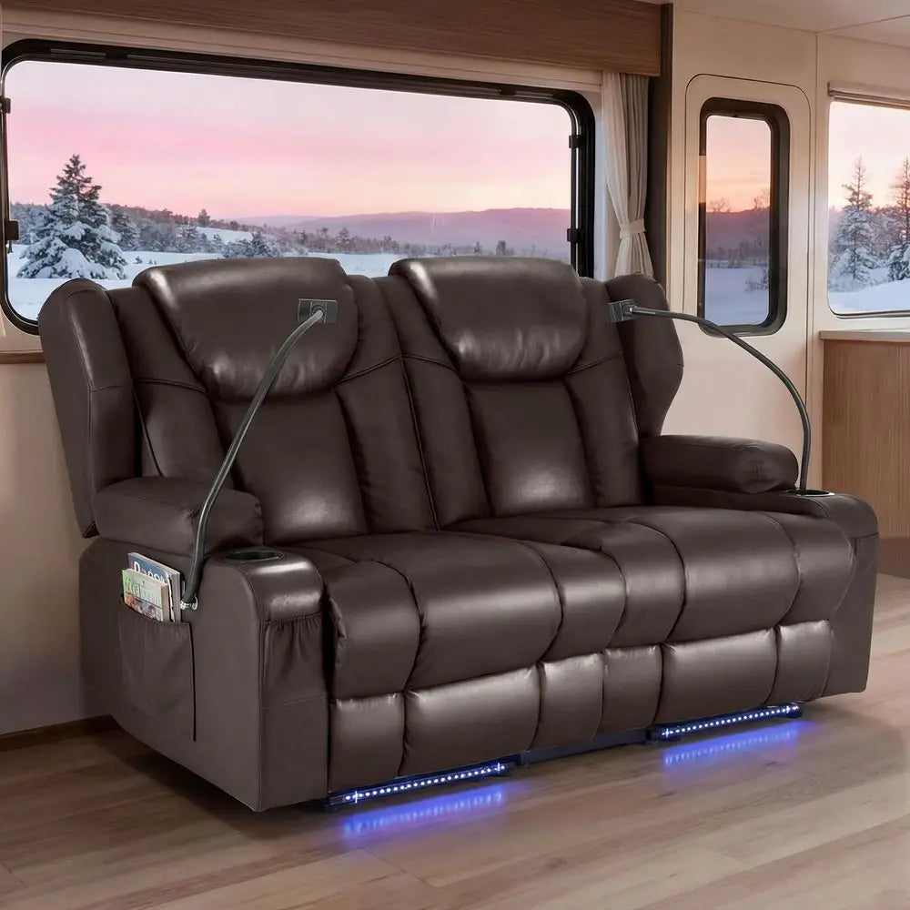 Power Loveseat Recliner Sofa, PU Leather Dual Reclining Couch with Vibration Heating, Blue LED Base Lights, USB Ports, Cup Hold
