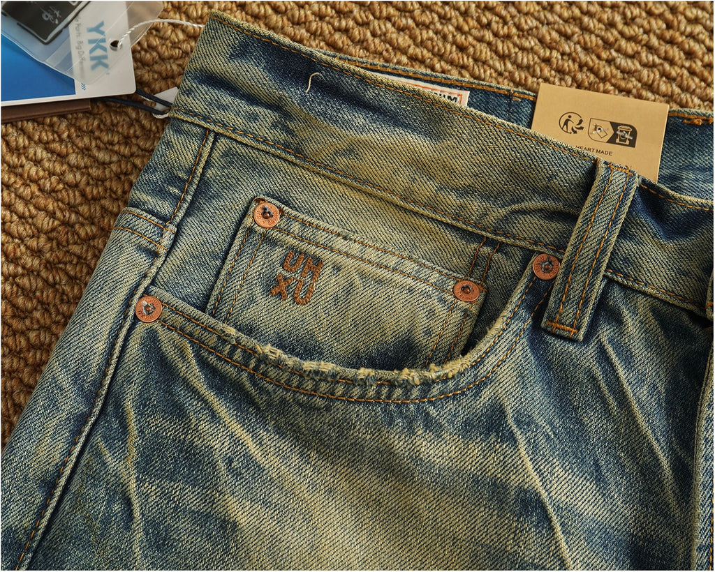 2025 Autumn New American Retro Heavyweight Ripped Denim Men's Fashion 100% Cotton Washed Old Straight Tapered Casual Jeans
