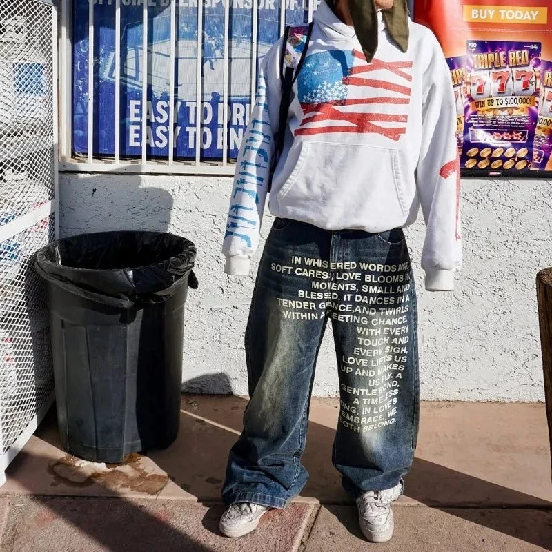 Deeptown Vintage Letter Print Women Man Jeans Y2k Harajuku Washed Wide Leg American Style Denim Pants Baggy Hip Hop Streetwear