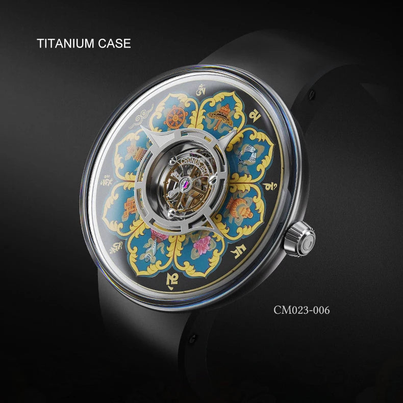 CRONUSART Men Tourbillon Watch 43mm Titanium Case Mechanical Wristwatch Luminous Tangka Enamel Dial Sapphire Mirror Skeleton