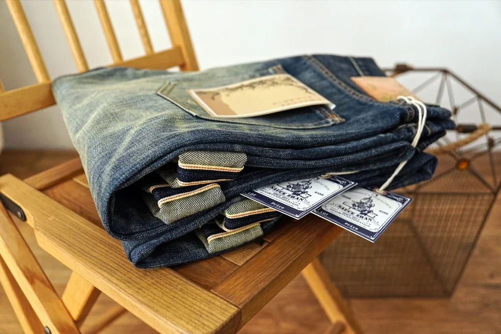 Sauce zhan Bamboo shaped yarn Mens Jeans Selvedge Denim Jeans Distressed Wash jeans for men Straight Fit 14 Oz