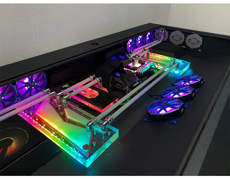 btooer Computer Case All-in-One Desk Cool Sci-fi Water Cooling Irregular Built-in Fully Transparent Large Case E-sports