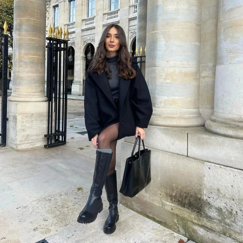 Urban Black Woolen Blend Coats Women Stand Collar Single-breasted Long Sleeve Thick Warm Jacket 2025 Autumn Winter Lady Outwear