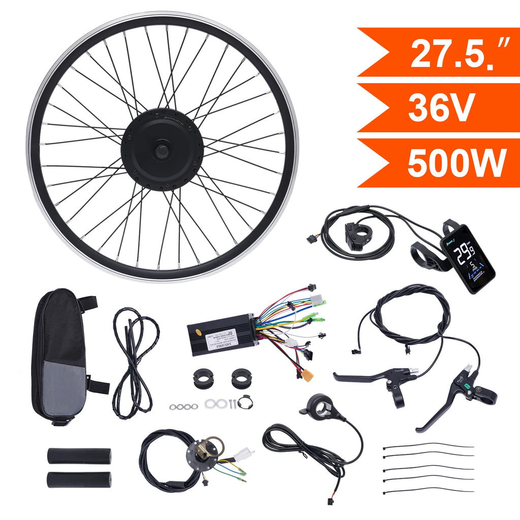 36V 500W Electric Bike Conversion Kit with LCD Display PAS Brake Levers Complete E-Bike Kit for 27.5"/700C Front Wheel