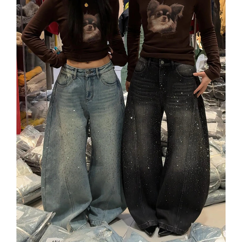 Glittering Rhinestone Denim Pants for Women's New Wide Leg Design Jeans Sensation Floor-Length Pants Loose Jeans