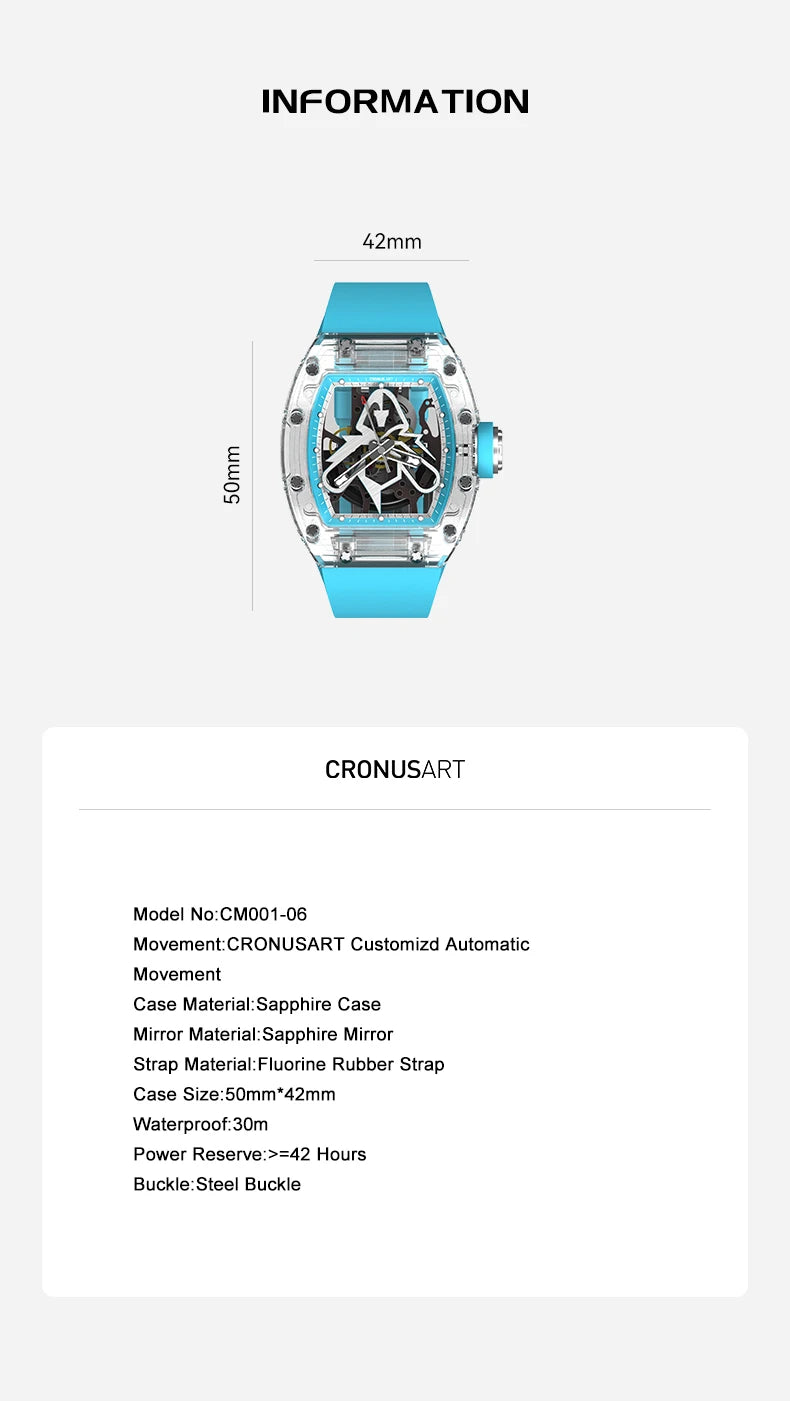 CRONUSART Men Automatic Watch 50mm Tonneau Mechanical Wristwatch Sapphire Case & Mirror Luminous Fluororubber Strap Skeleton