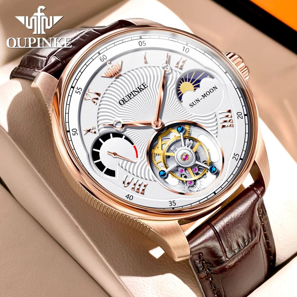 OUPINKE Men's Watch Top Luxury Fashion Original Tourbillon Mechanical Watch for Man Leather Strap Sapphire Mirror Moon Phase