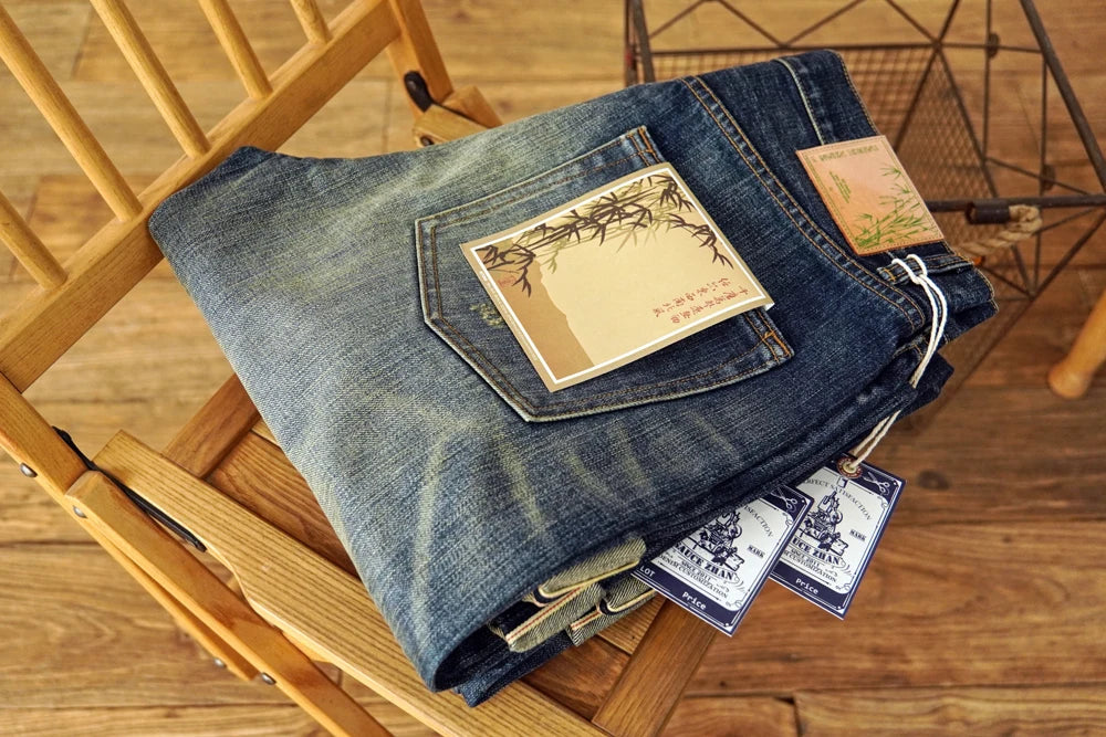 Sauce zhan Bamboo shaped yarn Mens Jeans Selvedge Denim Jeans Distressed Wash jeans for men Straight Fit 14 Oz