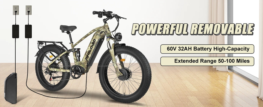 Electric Bike for Adults, 5000 Dual Motor E-Bike, 60V 32AH Long Range Dirt Bike, Fat Tire Hunting Ebike for All Terrain, Full Su
