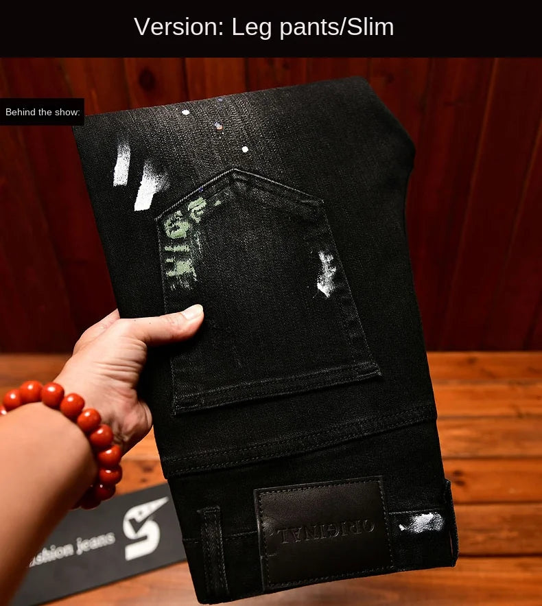 2025 Autumn American Fashion Black Jeans Men's Slim Fit Version with Piercing Patch Paint Printed Street Trendy Pants