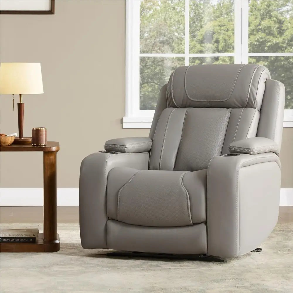 Oversized Genuine Leather Electric Recliner Chair with Power Adjustable Rest and Lumbar Support, Hidden Storage, Light Grey for