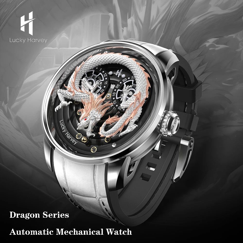 Lucky Harvey Chinese 3D Engraving Dragon Dial Automatic Mechanical Watches for Men Sapphire Crystal Business Fashion Watch