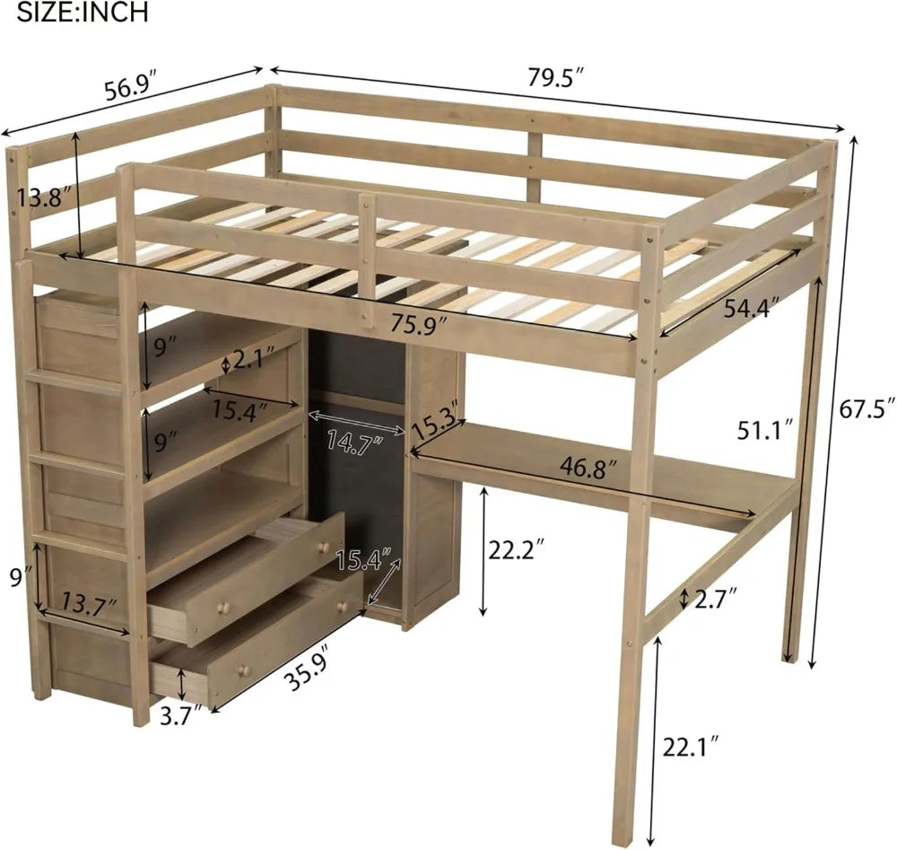 Full Size Loft Bed with Desk, Wardrobe, Drawers & Shelves - Space-Saving Wooden Frame for Kids Teens Adults