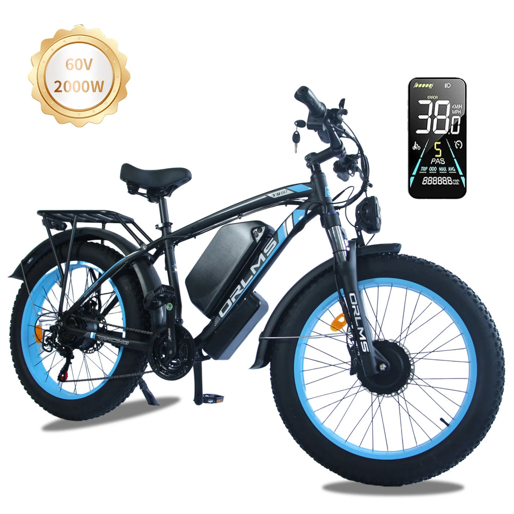 ORLMS TS60 Adult Electric Bicycle 1000W*2 Motor Men's E-bike  60V25AH Battery E-bike 26" Fat Tire Men's E-Mountain ebike