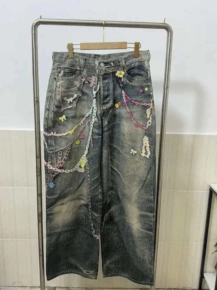 DEAT Fashion Women's 3D Chain Printed Contrast Color Jeans Niche Design High Waist Casual Denim Pants Female Trendy 11A04071