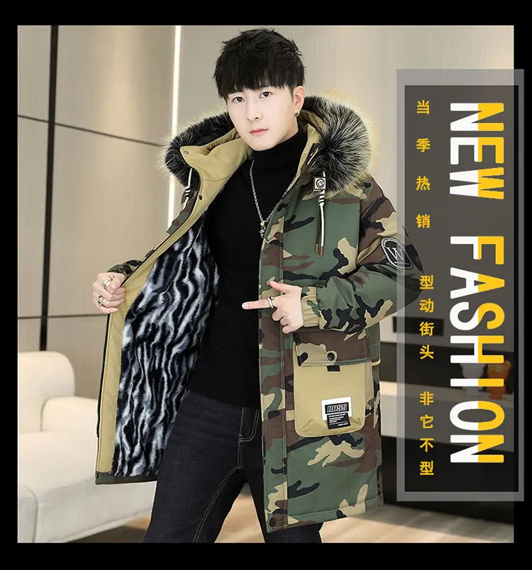Fashion Mid-Length Camouflage Warm Parkas Winter Men's High Street Wear Windproof Hooded Plush Jackets Outdoor Thick Fleece Coat